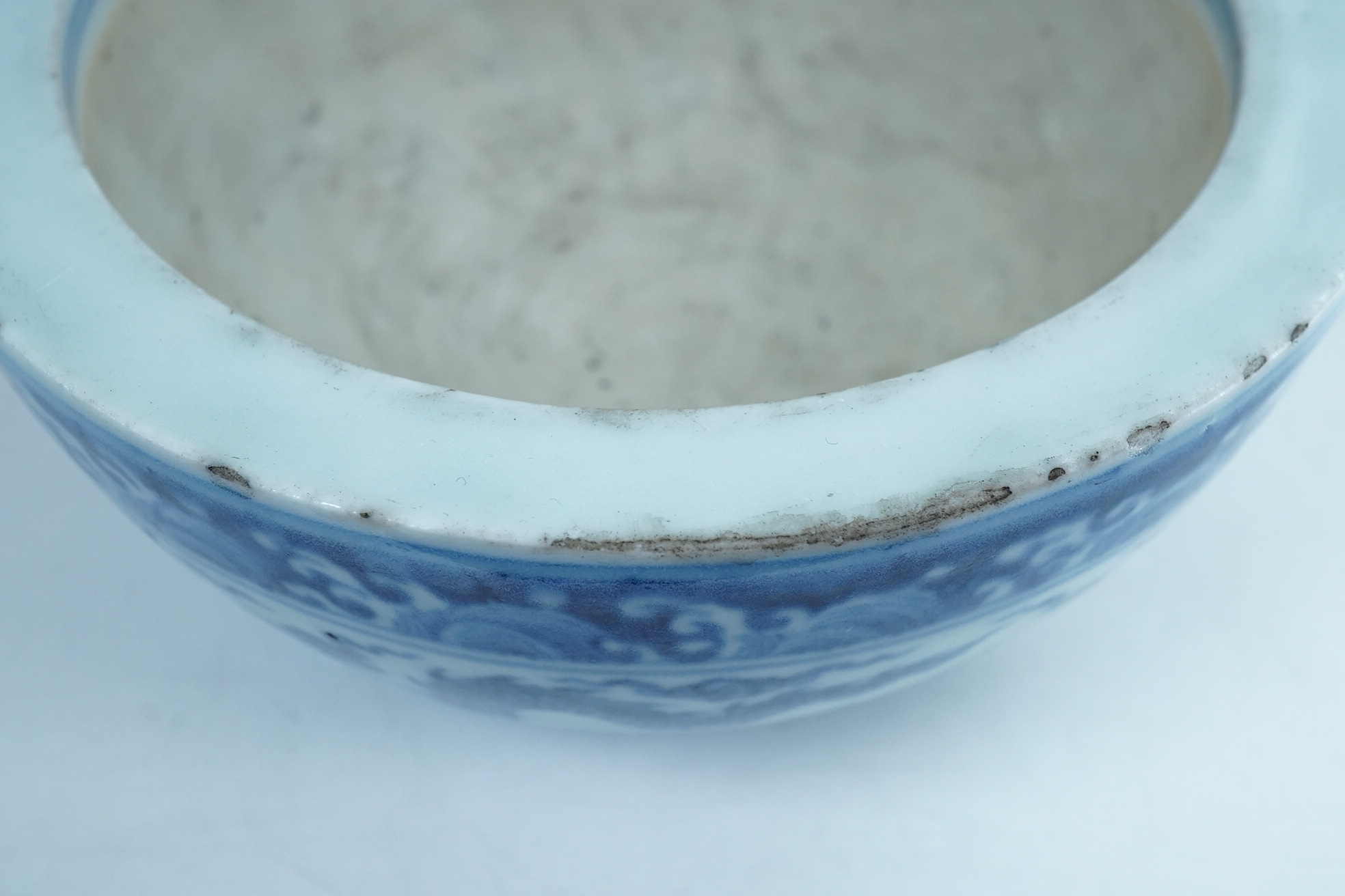 A Chinese blue and white ‘dragon’ dice bowl, Xuande mark, probably late Qing dynasty